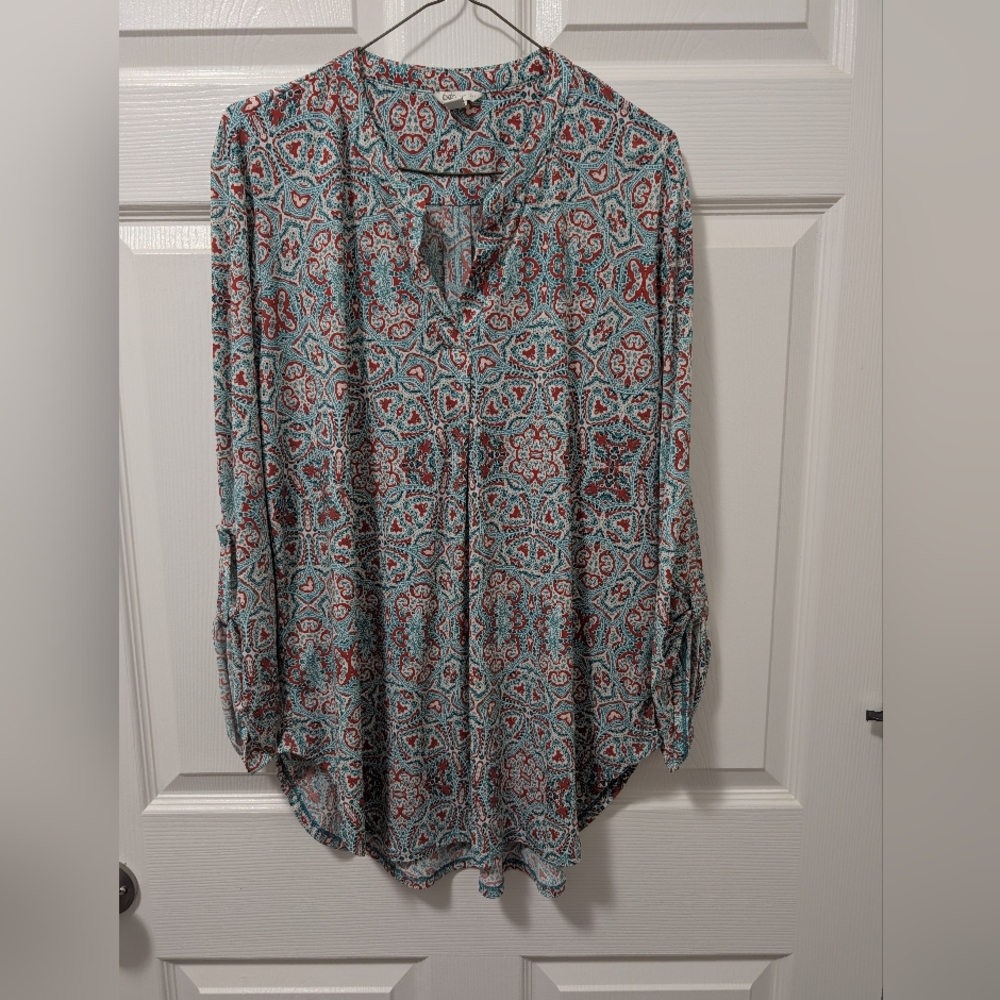 Cato Cream/Teal/Burgundy Blouse Relaxed Mandarin Collar (Very Soft)